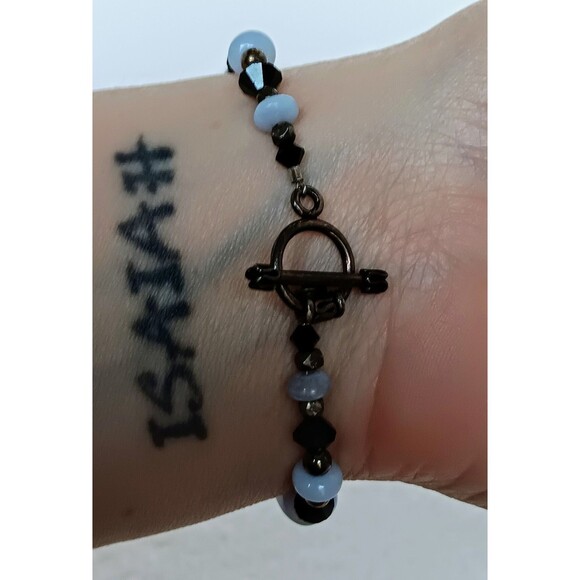 Artisan Sterling Silver Blue Lace Agate & Black Onyx Cross Bracelet 7.5 in - Picture 11 of 11